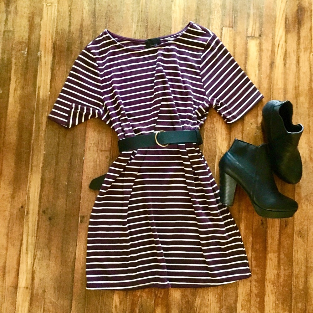 Maroon Striped Short Sleeve Dress
